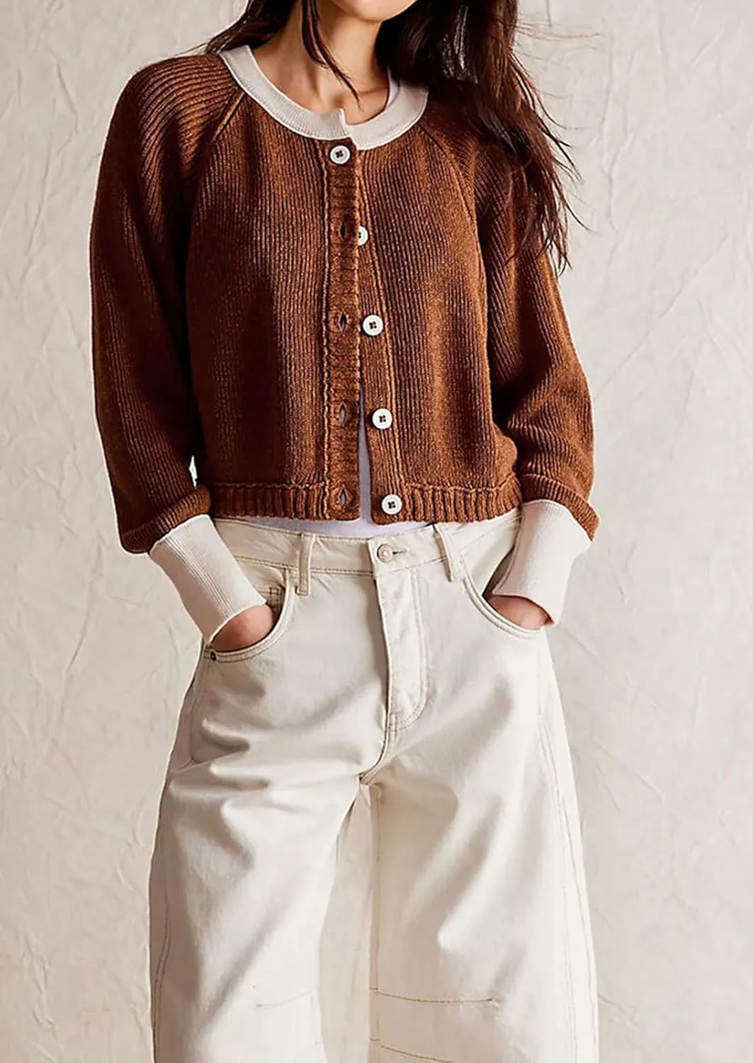 CHARTOU Women Button Up Cable Knit Sweater Jacket Fall Color Block Short Knitted Cropped Cardigan Sweater Y2k Crop Top