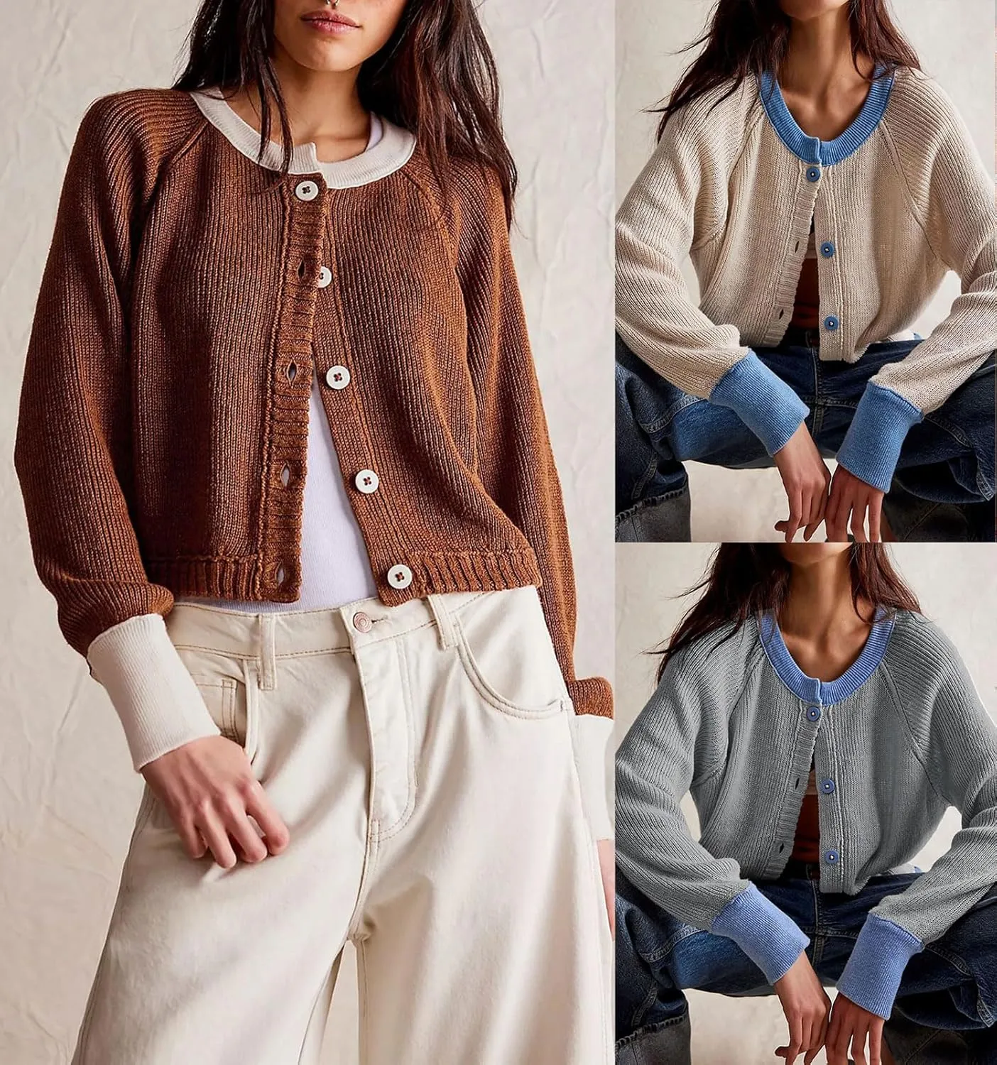 CHARTOU Women Button Up Cable Knit Sweater Jacket Fall Color Block Short Knitted Cropped Cardigan Sweater Y2k Crop Top