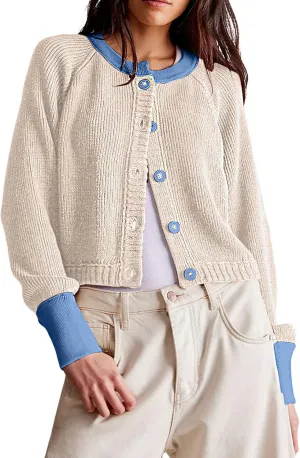 CHARTOU Women Button Up Cable Knit Sweater Jacket Fall Color Block Short Knitted Cropped Cardigan Sweater Y2k Crop Top