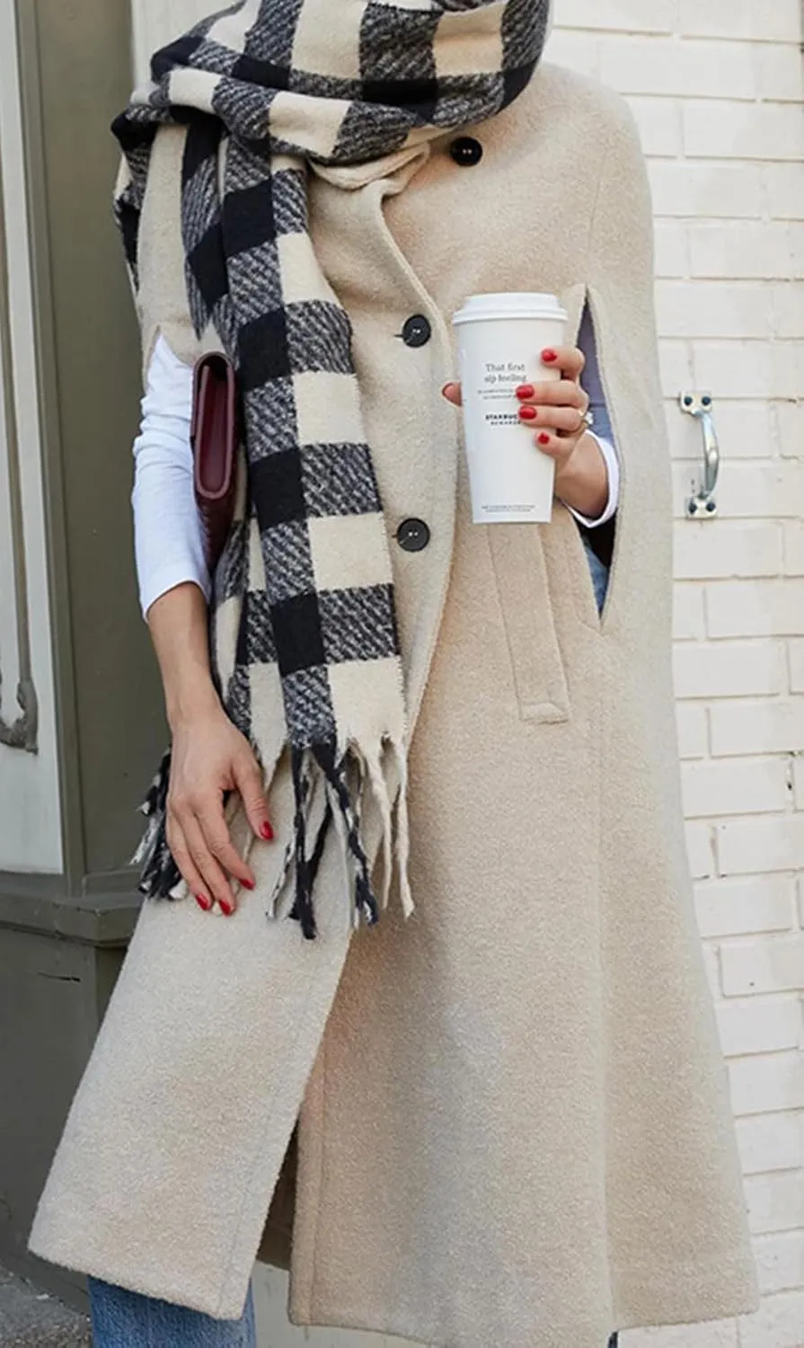 CHARTOU Women Long Cloak Coats Wool Blend Pea Coats Slit Sleeves Elegant Warm Winter Cape Coats