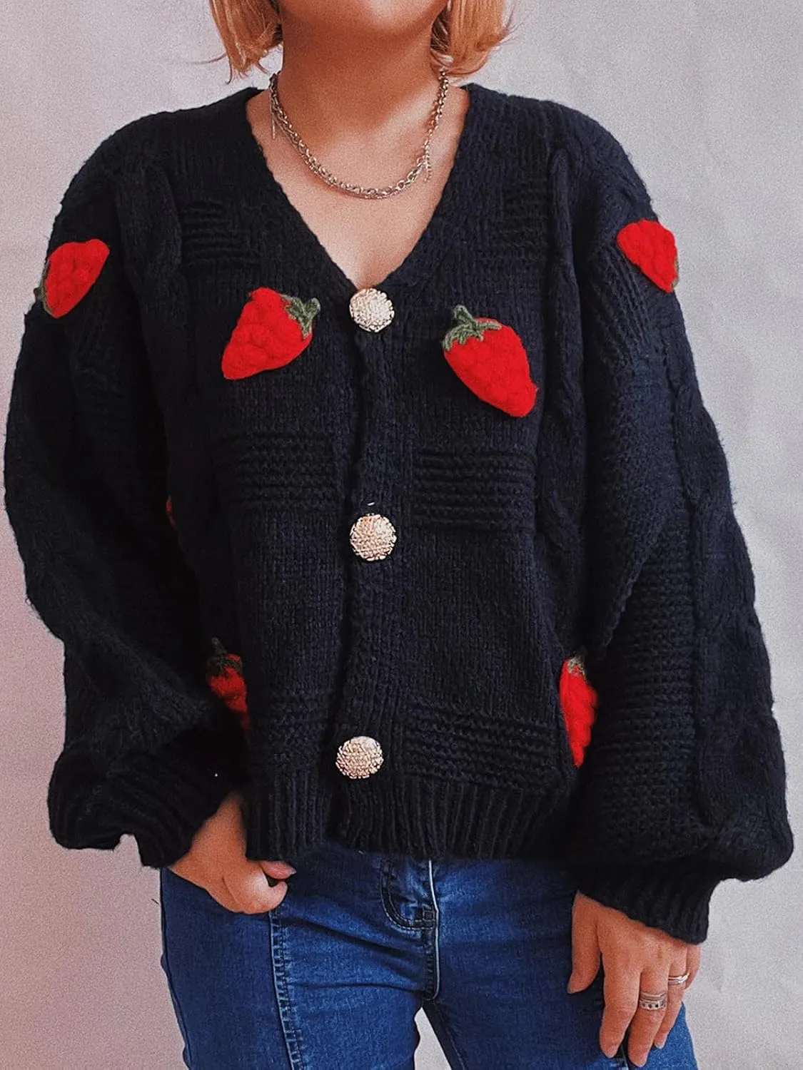 CHARTOU Women's Cute Cropped Rib Knit Cardigan Button Down Long Sleeve Y2K Sweater Embroider V Neck Outfits