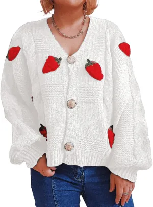 CHARTOU Women's Cute Cropped Rib Knit Cardigan Button Down Long Sleeve Y2K Sweater Embroider V Neck Outfits