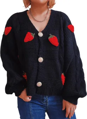 CHARTOU Women's Cute Cropped Rib Knit Cardigan Button Down Long Sleeve Y2K Sweater Embroider V Neck Outfits