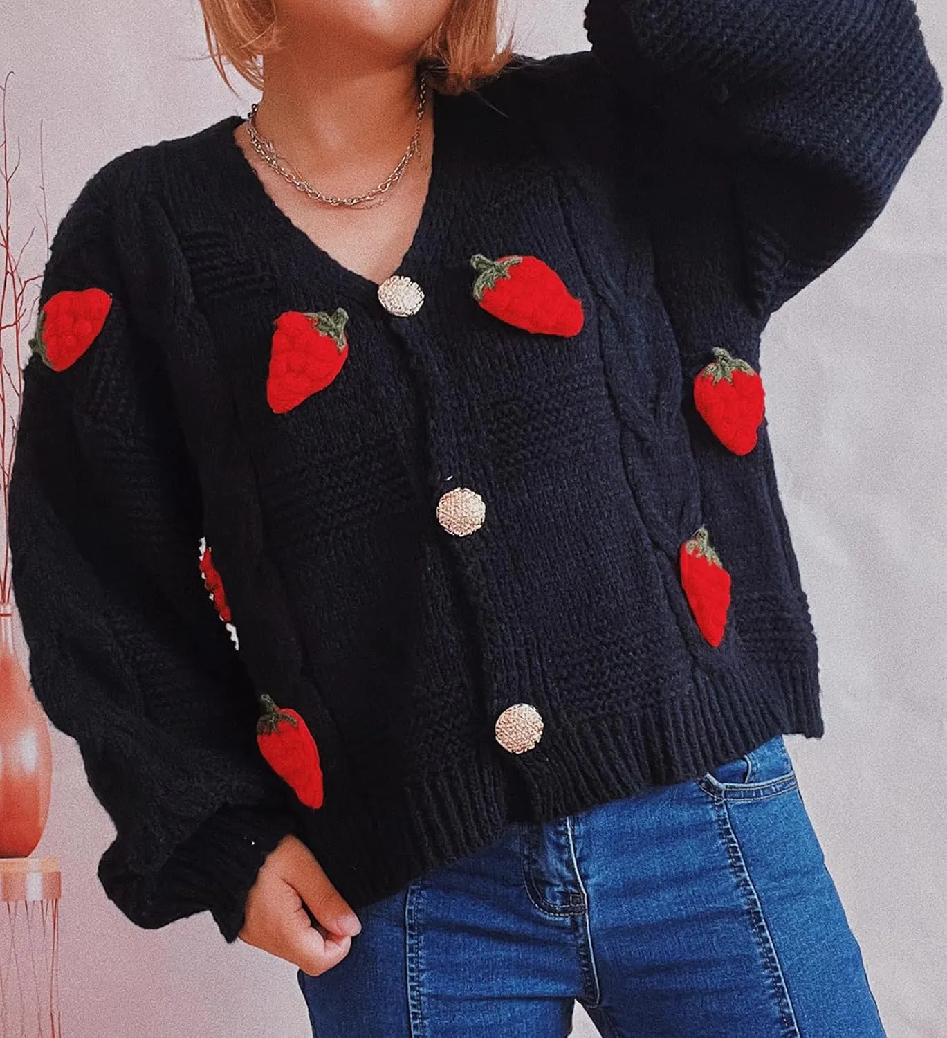 CHARTOU Women's Cute Cropped Rib Knit Cardigan Button Down Long Sleeve Y2K Sweater Embroider V Neck Outfits