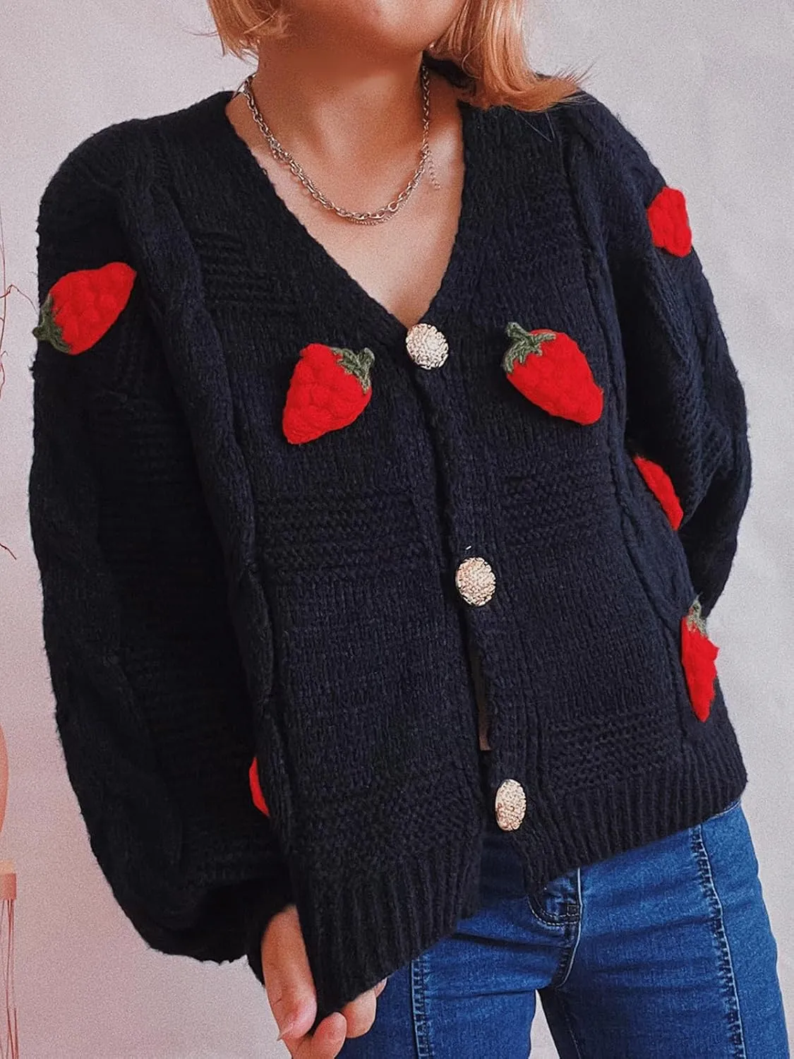 CHARTOU Women's Cute Cropped Rib Knit Cardigan Button Down Long Sleeve Y2K Sweater Embroider V Neck Outfits