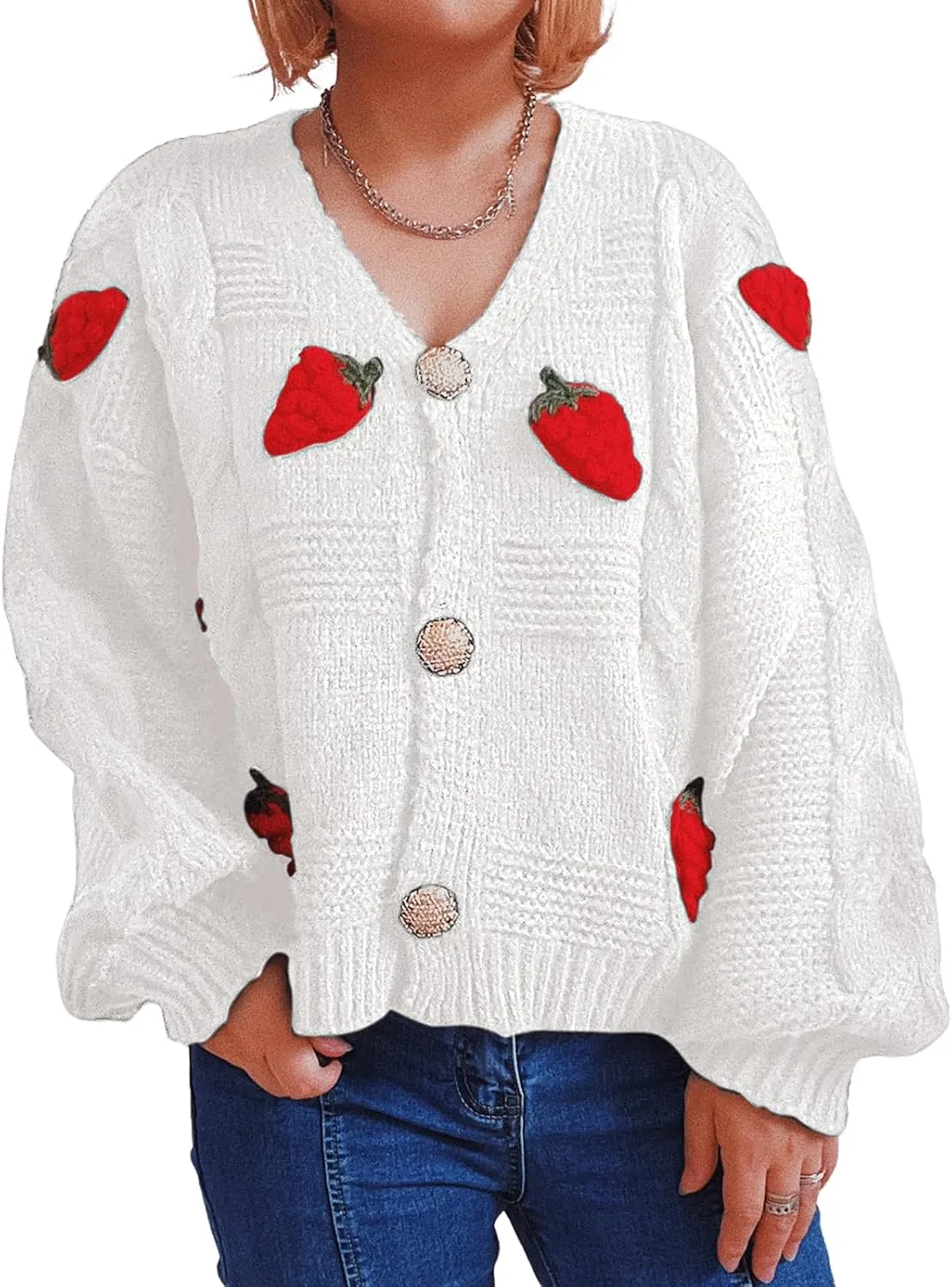 CHARTOU Women's Cute Cropped Rib Knit Cardigan Button Down Long Sleeve Y2K Sweater Embroider V Neck Outfits