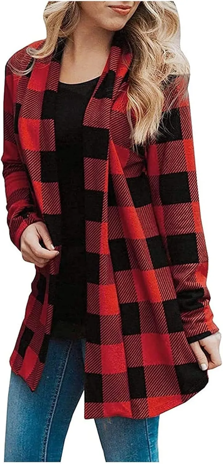 Checkered Cardigan for Women 2024 Trendy Long Sleeve Loose Soft Flannel Shirt Buffalo Plaid Fall Outfits with Pockets