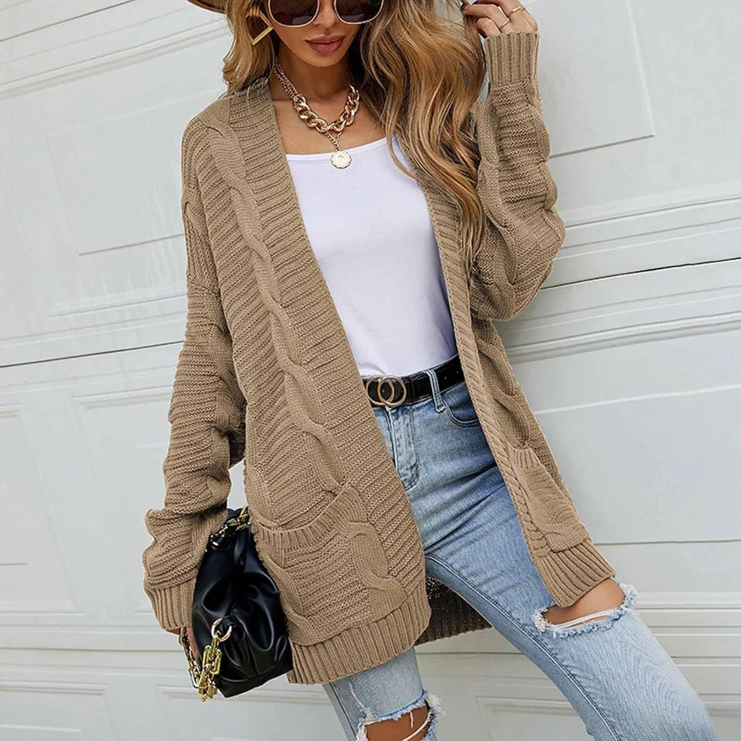 Chunky Cardigan Sweaters for Women Lightweight Long Sleeve Cardigan Cable Knit Open Front Cardigan with Pockets