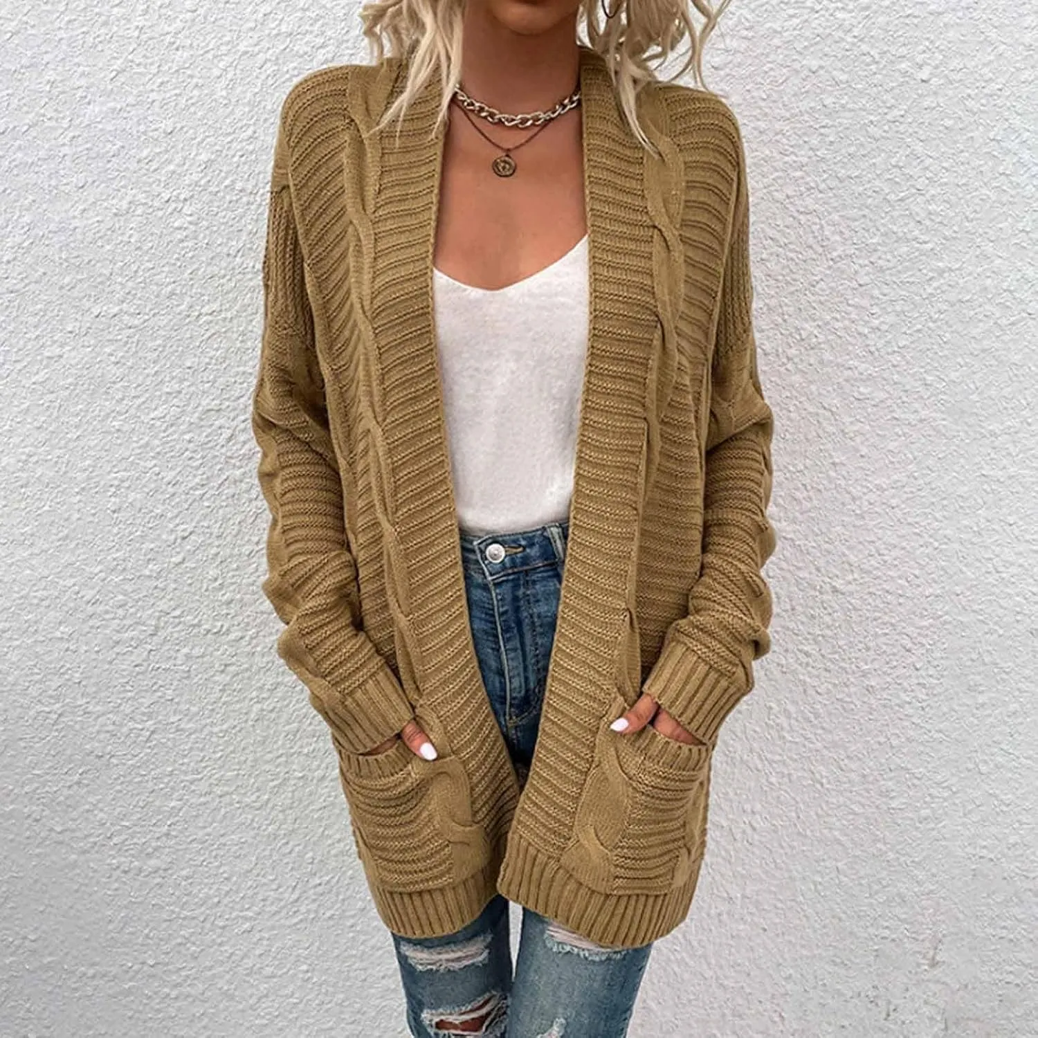 Chunky Cardigan Sweaters for Women Lightweight Long Sleeve Cardigan Cable Knit Open Front Cardigan with Pockets
