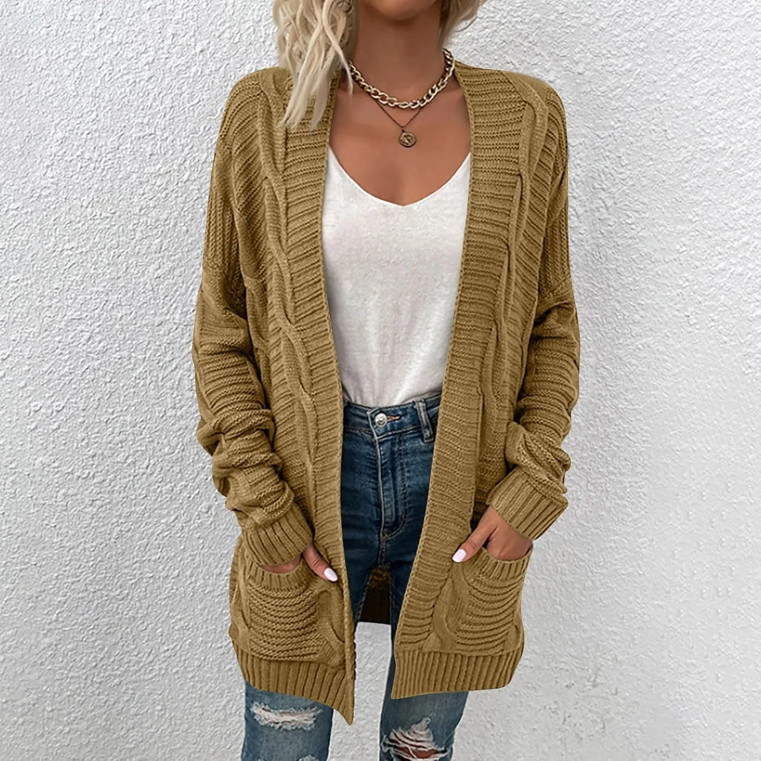 Chunky Cardigan Sweaters for Women Lightweight Long Sleeve Cardigan Cable Knit Open Front Cardigan with Pockets