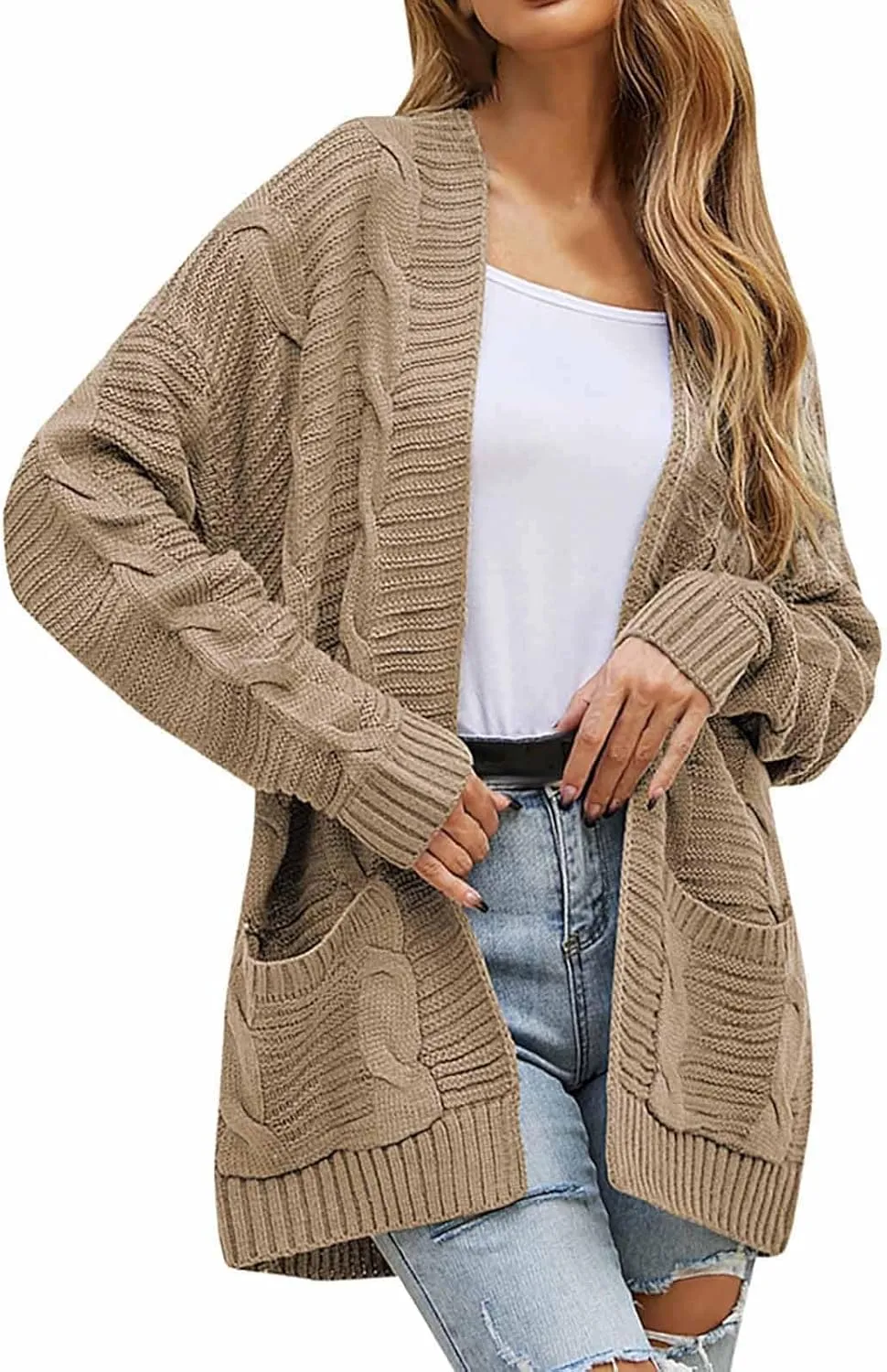 Chunky Cardigan Sweaters for Women Lightweight Long Sleeve Cardigan Cable Knit Open Front Cardigan with Pockets
