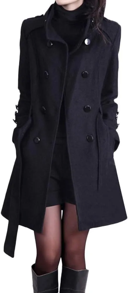 cooki Fall Jackets for Women 2023 Women Wool Trench Coat Winter Double-Breasted Jacket with Belts Casual Winter Classic Coat