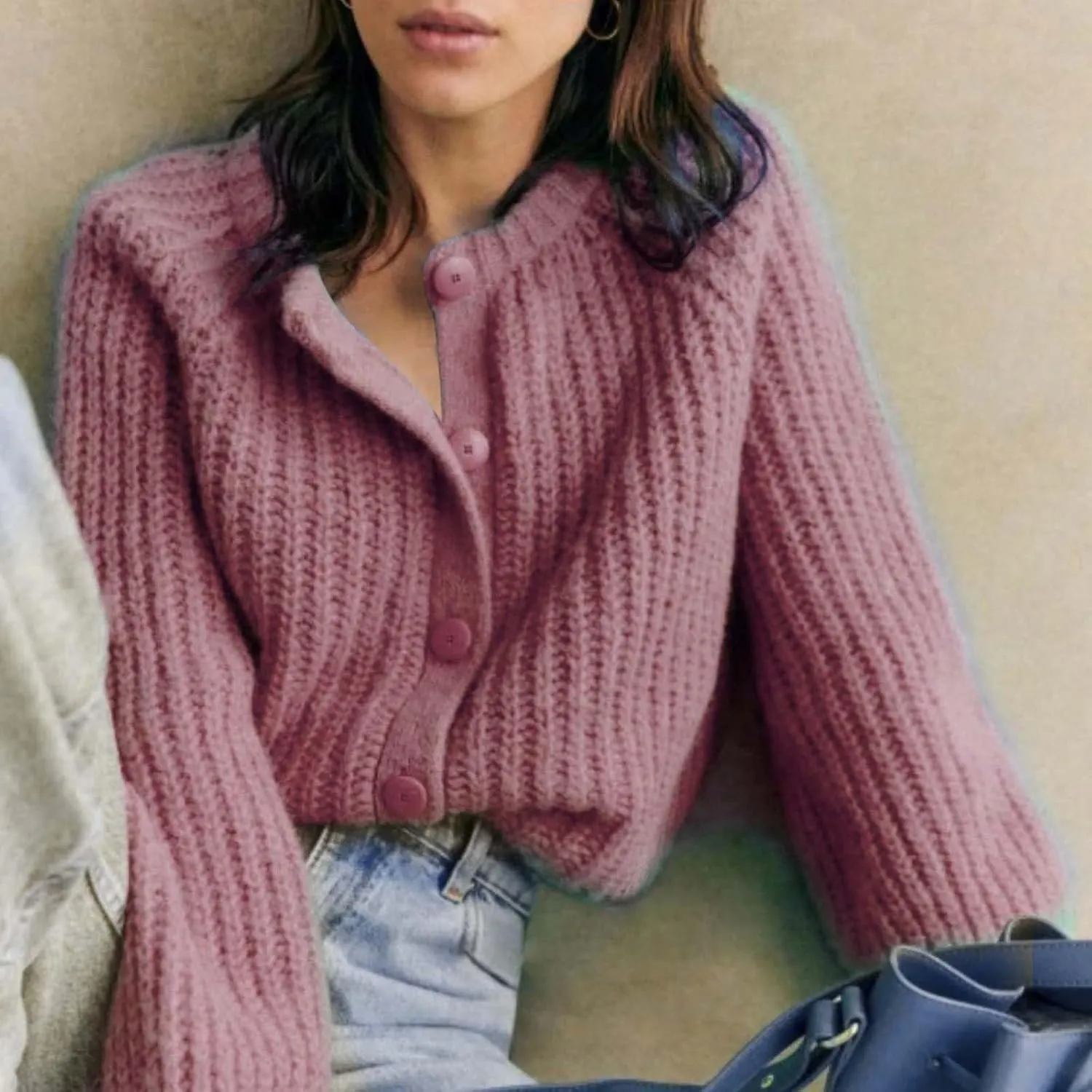 Crochet Cardigan Sweaters for Women Tops Chunky Knitted Crew Neck Long Sleeve Open Front Coat Button Down Jackets