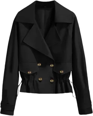 Cropped Trench Coat for Women Plus Size Notch Lapel Jackets Single-Breasted Ruffled Drawstring Hem Pea Coat Overcoat