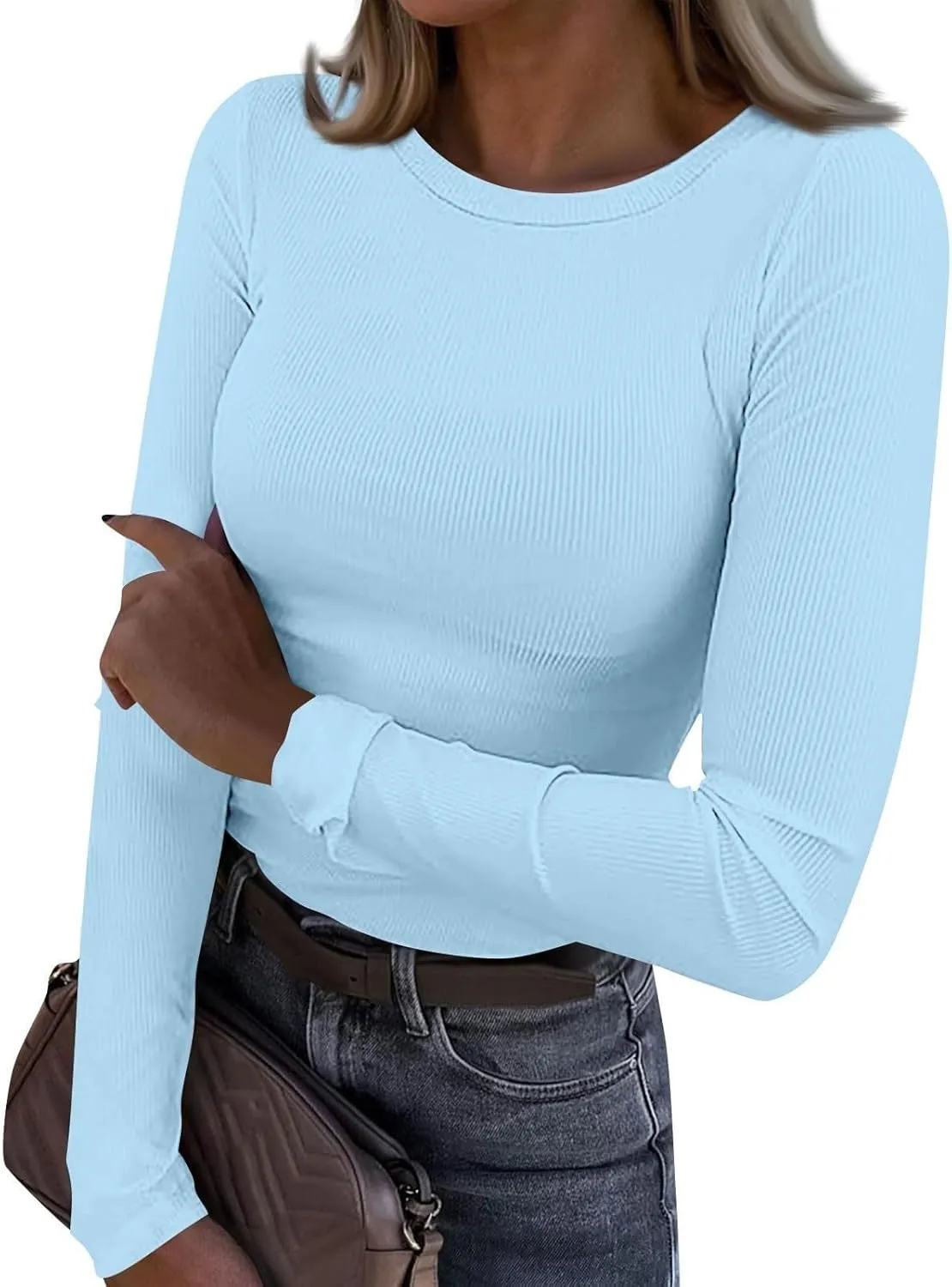 DINEVE Sweater for Women Long Sleeve Ribbed Crewneck Sweatshirt Lightweight Casual Tunic Shirts Winter Warm Pullover Tops