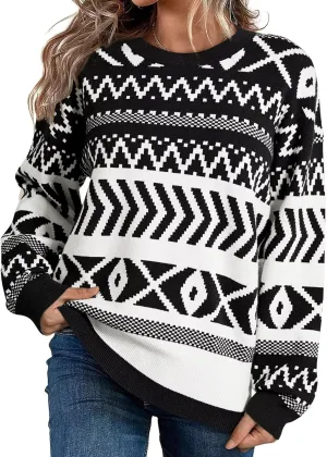 Dokotoo Womens Sweaters Casual Lightweight Round Neck Colorblock Striped Sweaters Long Sleeve Abstract Pullover Jumper Tops