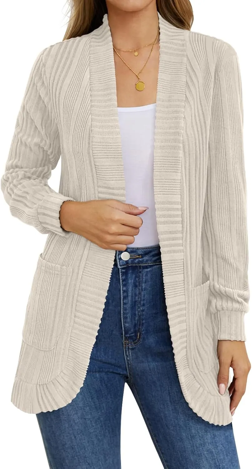 DouBCQ Womens Long Cardigans Lightweight Open Front Long Sleeve Cardigan Sweater with Pockets