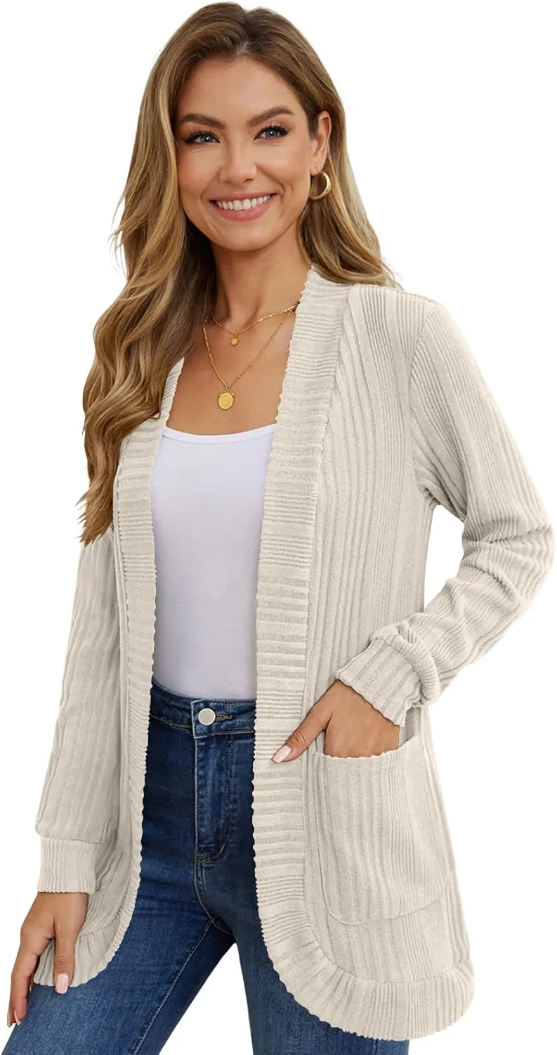 DouBCQ Womens Long Cardigans Lightweight Open Front Long Sleeve Cardigan Sweater with Pockets