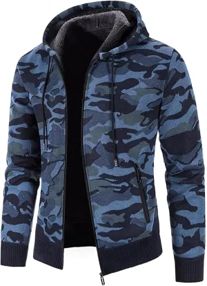 DuDubaby Men's Leather Jacket Active Jacket Fashion Long Sleeve Warm Camouflage Printed Hooded Jacket Top Polyester Jacket