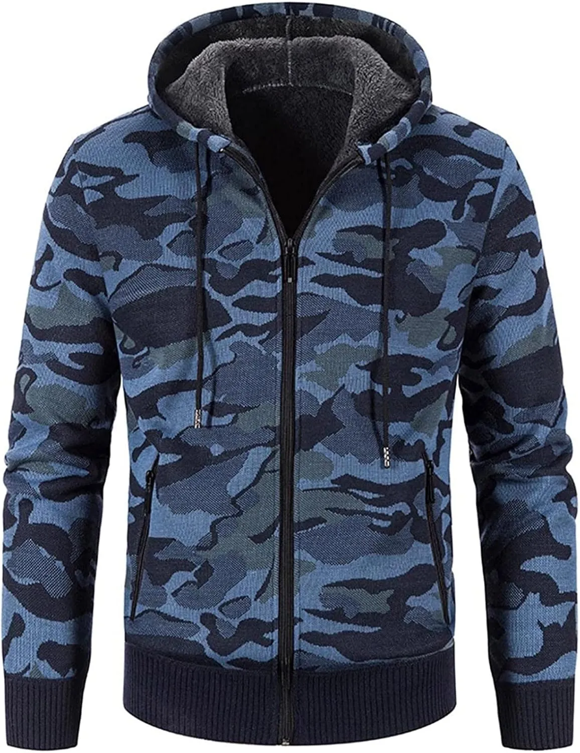 DuDubaby Men's Leather Jacket Active Jacket Fashion Long Sleeve Warm Camouflage Printed Hooded Jacket Top Polyester Jacket