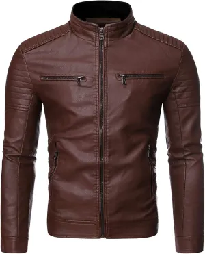 DuDubaby Winter Men's Casual Stand Collar Leather Jacket Coat