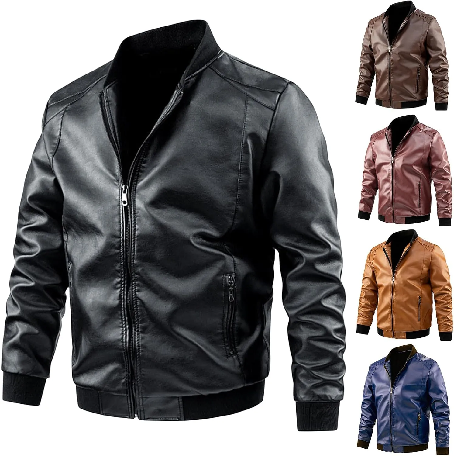 evzosrz Mens Lightweight Faux Leather Jacket Casual Motorcycle Slim Fit Vintage Classic Bomber Jackets Zip Coat Outwear