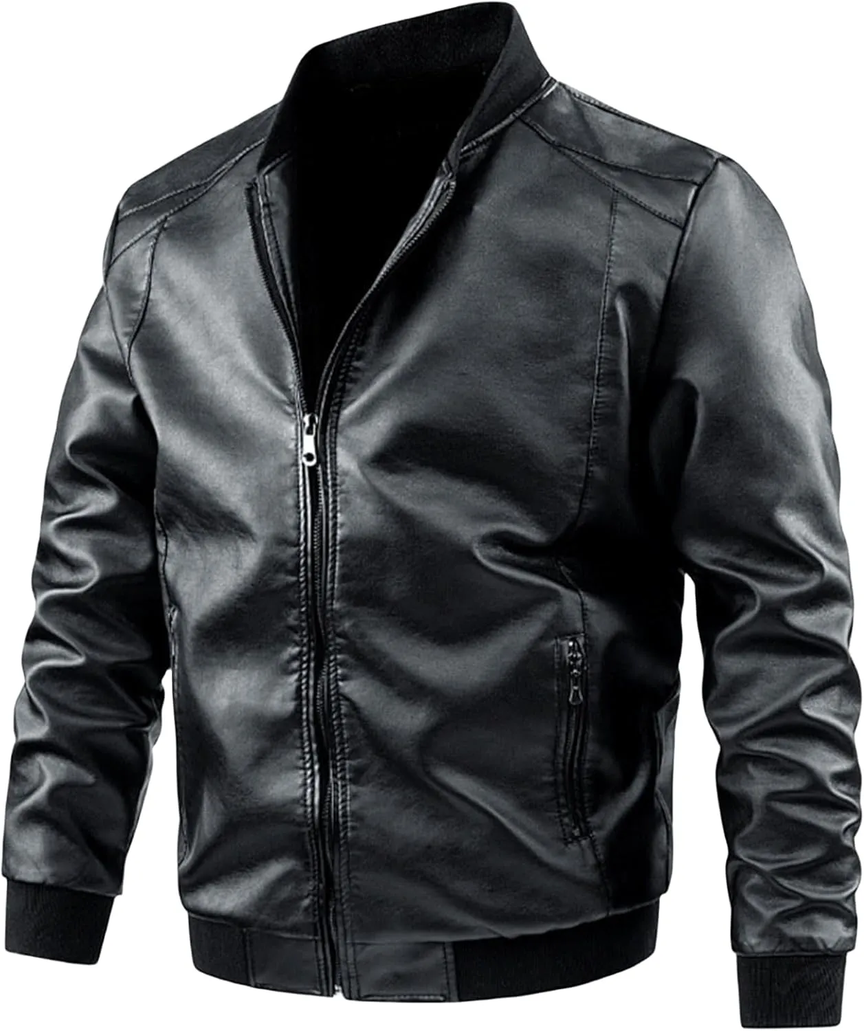 evzosrz Mens Lightweight Faux Leather Jacket Casual Motorcycle Slim Fit Vintage Classic Bomber Jackets Zip Coat Outwear