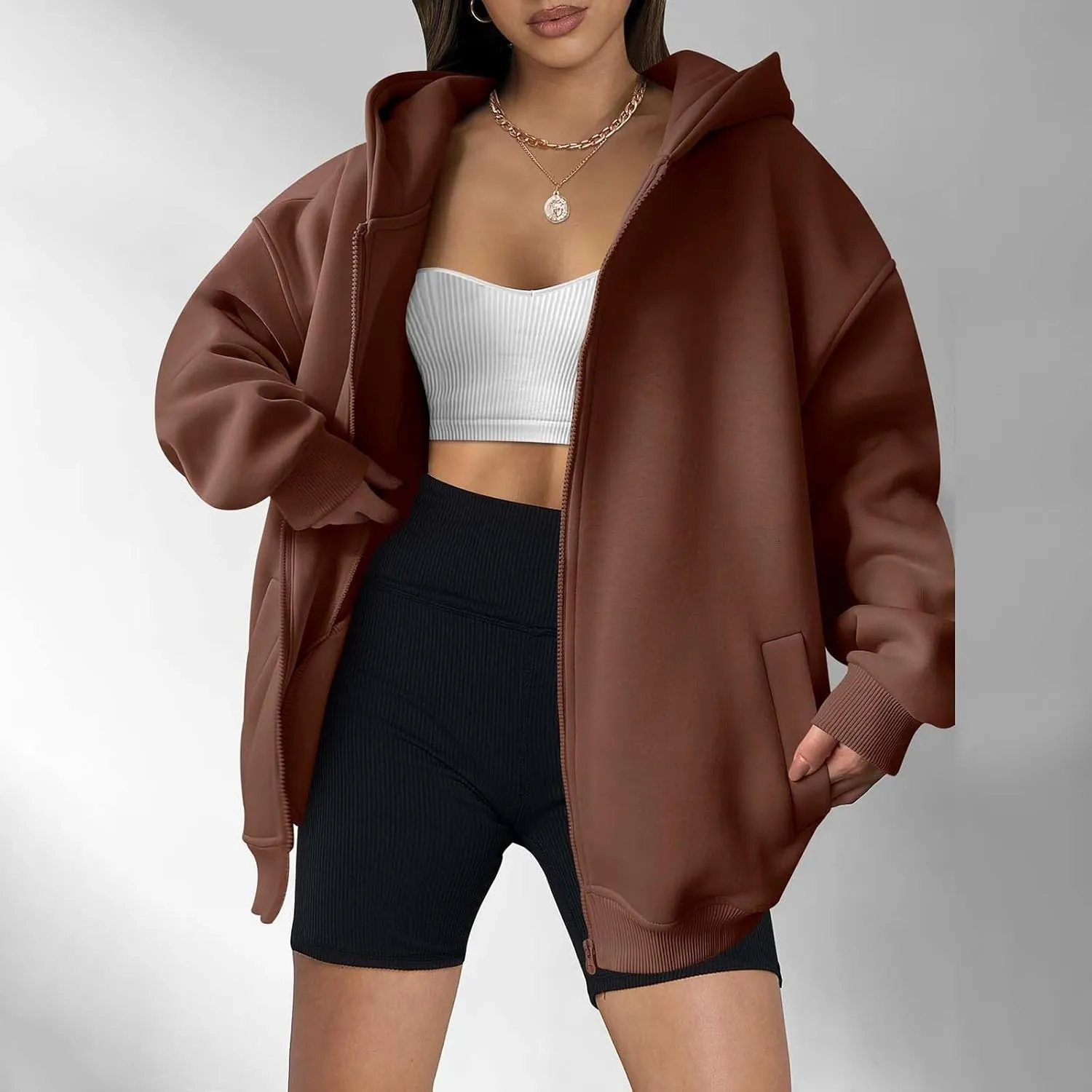 Fall Sweatshirts for Women Full Zip Up Hoodies Oversized Sweatshirt Y2K Clothing Casual Classic Jacket with Pockets