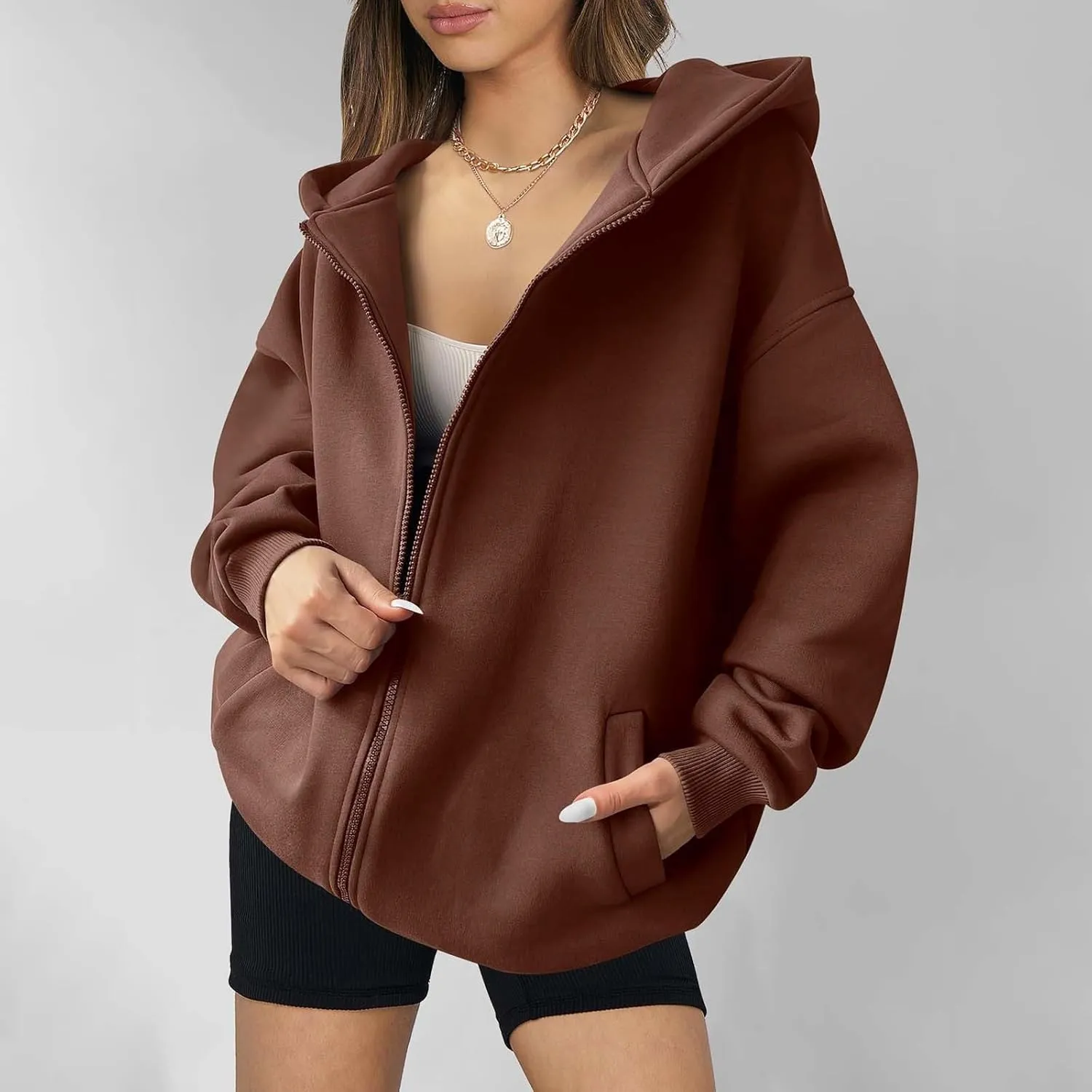 Fall Sweatshirts for Women Full Zip Up Hoodies Oversized Sweatshirt Y2K Clothing Casual Classic Jacket with Pockets
