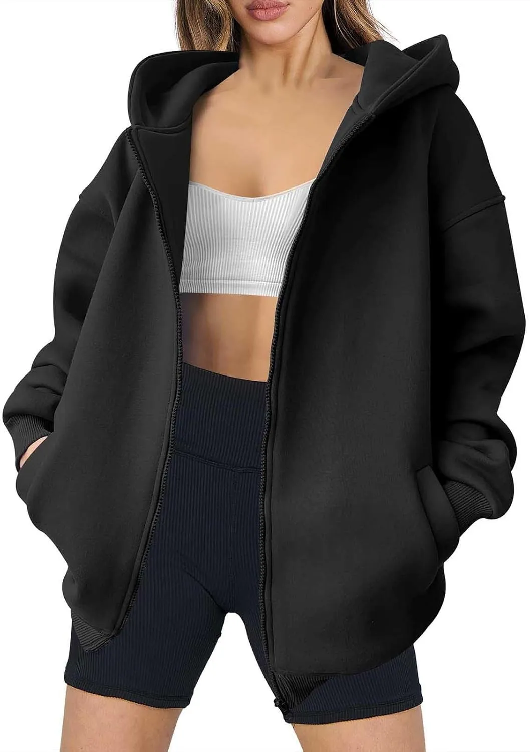 Fall Sweatshirts for Women Full Zip Up Hoodies Oversized Sweatshirt Y2K Clothing Casual Classic Jacket with Pockets