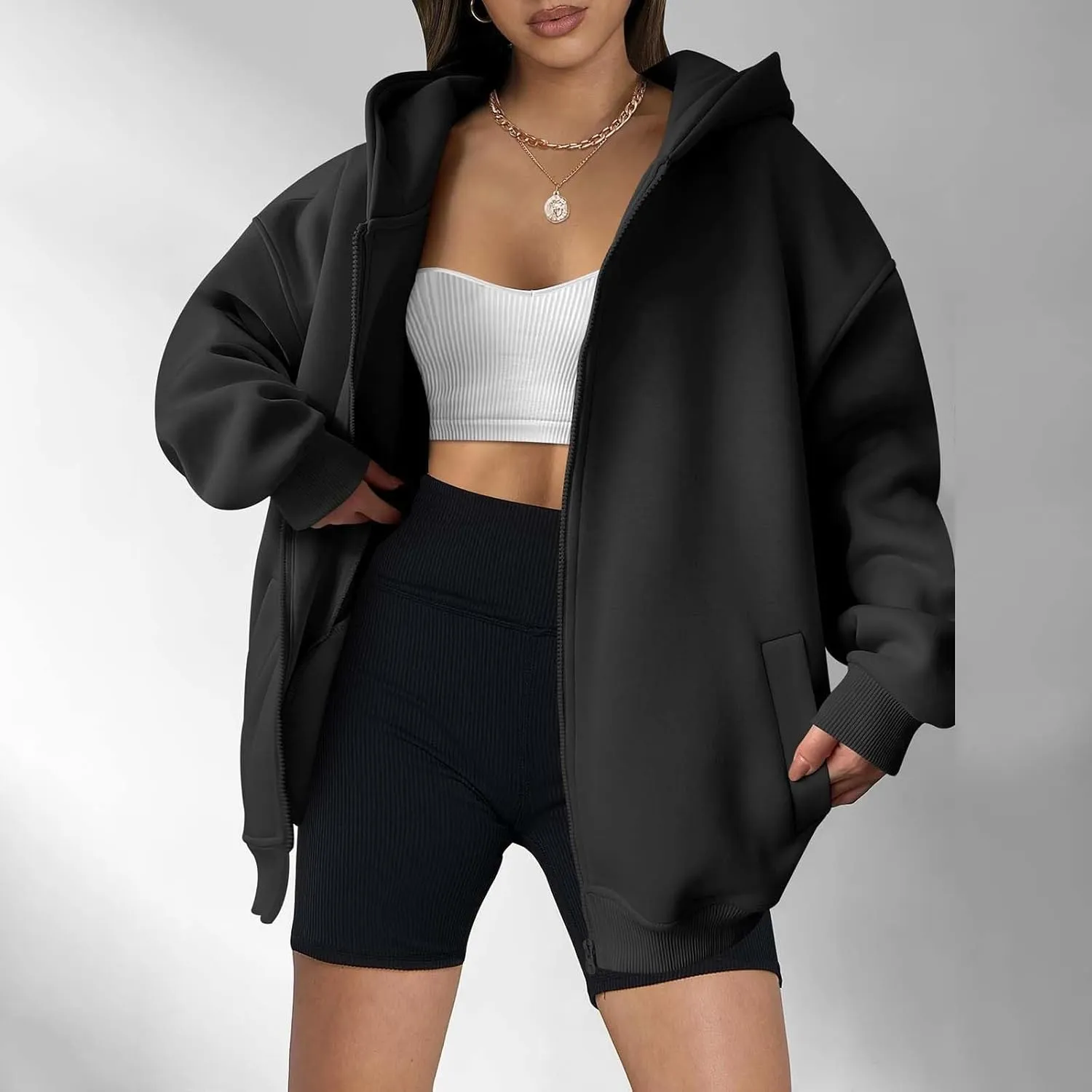Fall Sweatshirts for Women Full Zip Up Hoodies Oversized Sweatshirt Y2K Clothing Casual Classic Jacket with Pockets