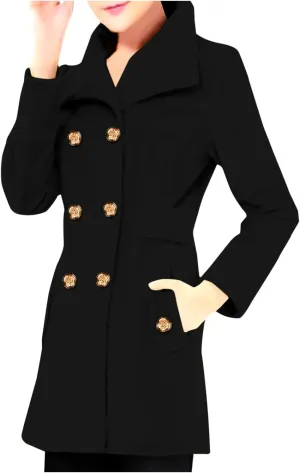 fartey 2024 Womens Winter Coats Casual Notch Lapel Mid-Long Trench Coat Wool Blend Warm Soft Pea Coat With Pockets