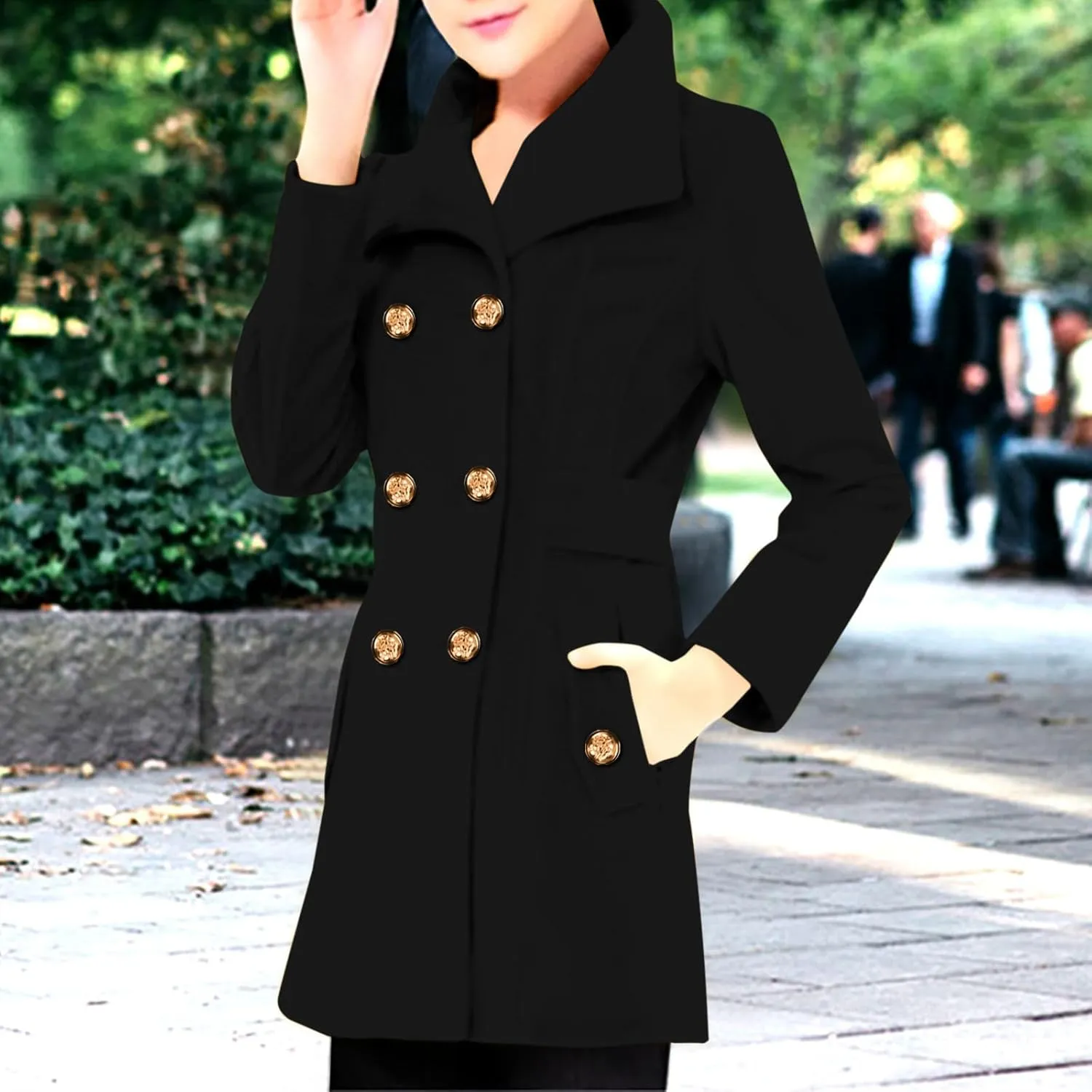 fartey 2024 Womens Winter Coats Casual Notch Lapel Mid-Long Trench Coat Wool Blend Warm Soft Pea Coat With Pockets