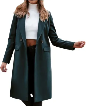 fartey Womens Wool Blend Winter Coats Casual Notch Lapel Double-Breasted Trench Coat Mid Long Length Peacoat Overcoats