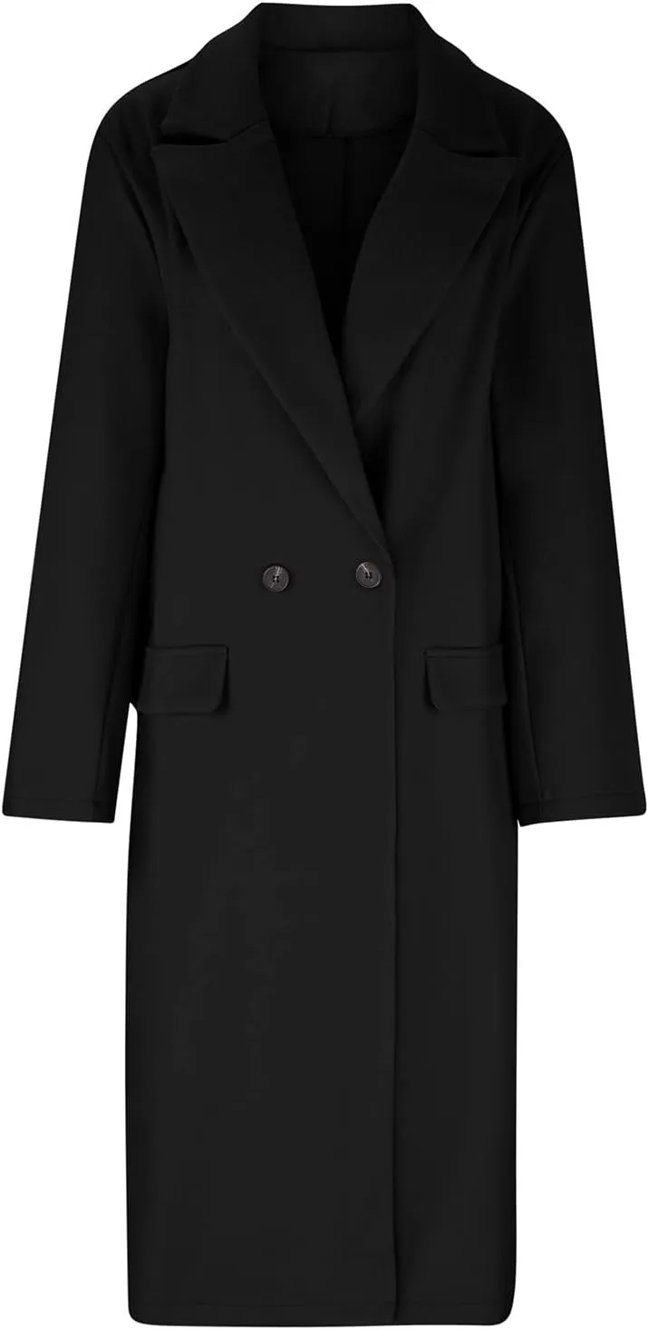 fartey Womens Wool Blend Winter Coats Casual Notch Lapel Double-Breasted Trench Coat Mid Long Length Peacoat Overcoats