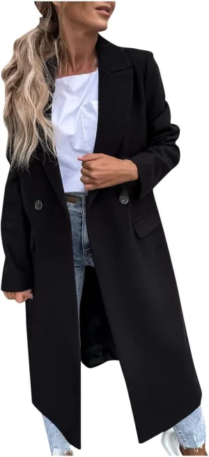 fartey Womens Wool Blend Winter Coats Casual Notch Lapel Double-Breasted Trench Coat Mid Long Length Peacoat Overcoats