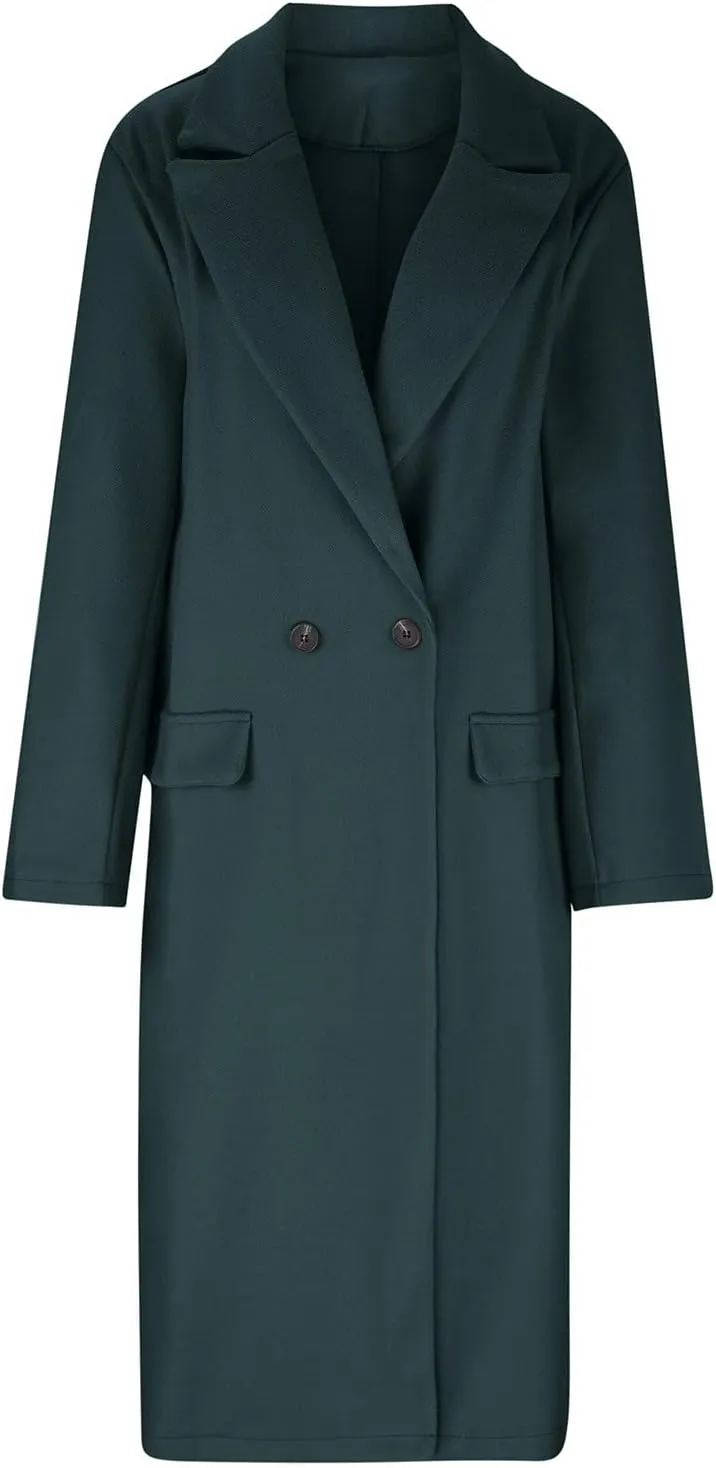 fartey Womens Wool Blend Winter Coats Casual Notch Lapel Double-Breasted Trench Coat Mid Long Length Peacoat Overcoats
