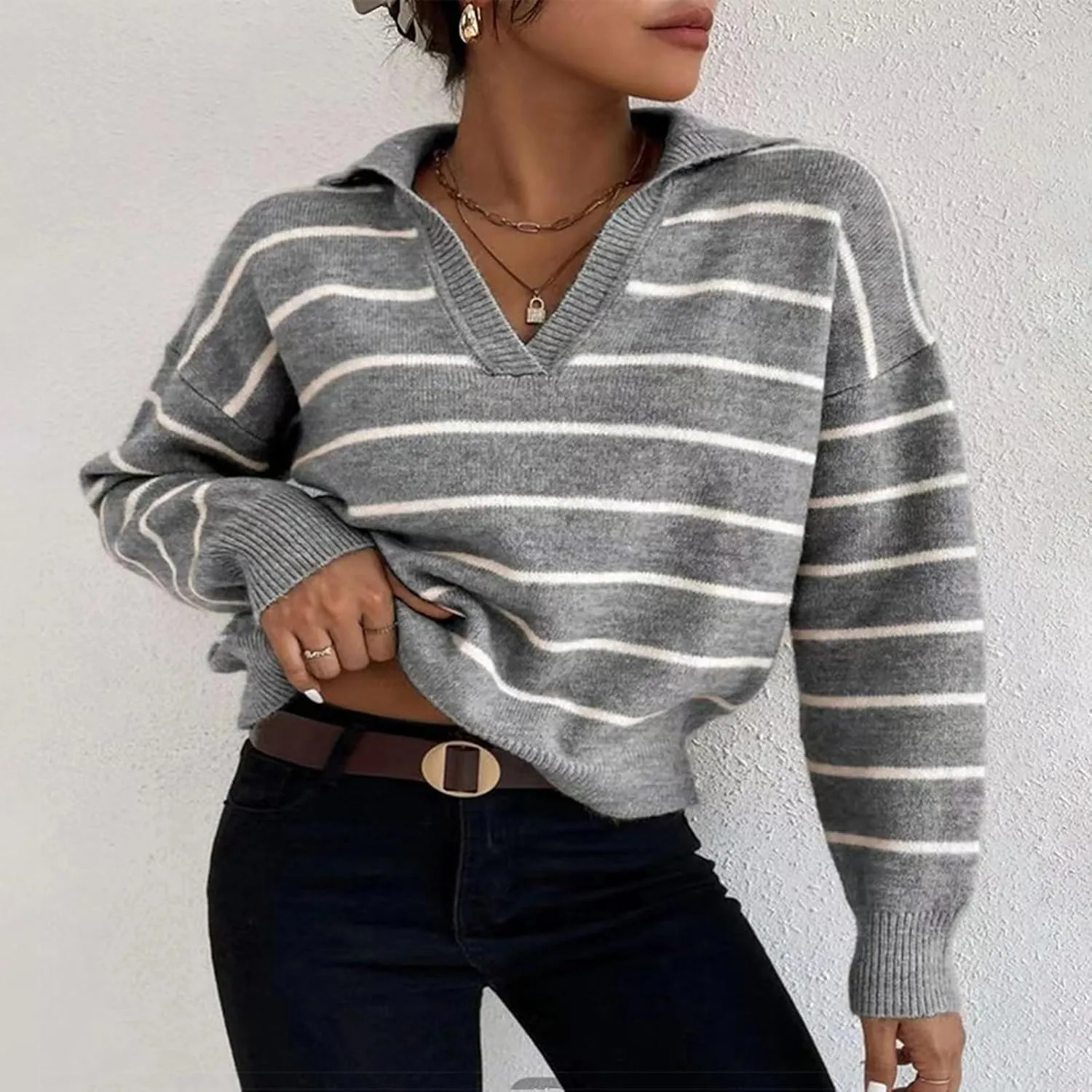 Fashion Sweater for Women Striped Kint Lapel Collar V Neck Long Sleeve Vintage Soft Crop Tops Fall Crochet Sweater Top