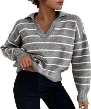 Fashion Sweater for Women Striped Kint Lapel Collar V Neck Long Sleeve Vintage Soft Crop Tops Fall Crochet Sweater Top