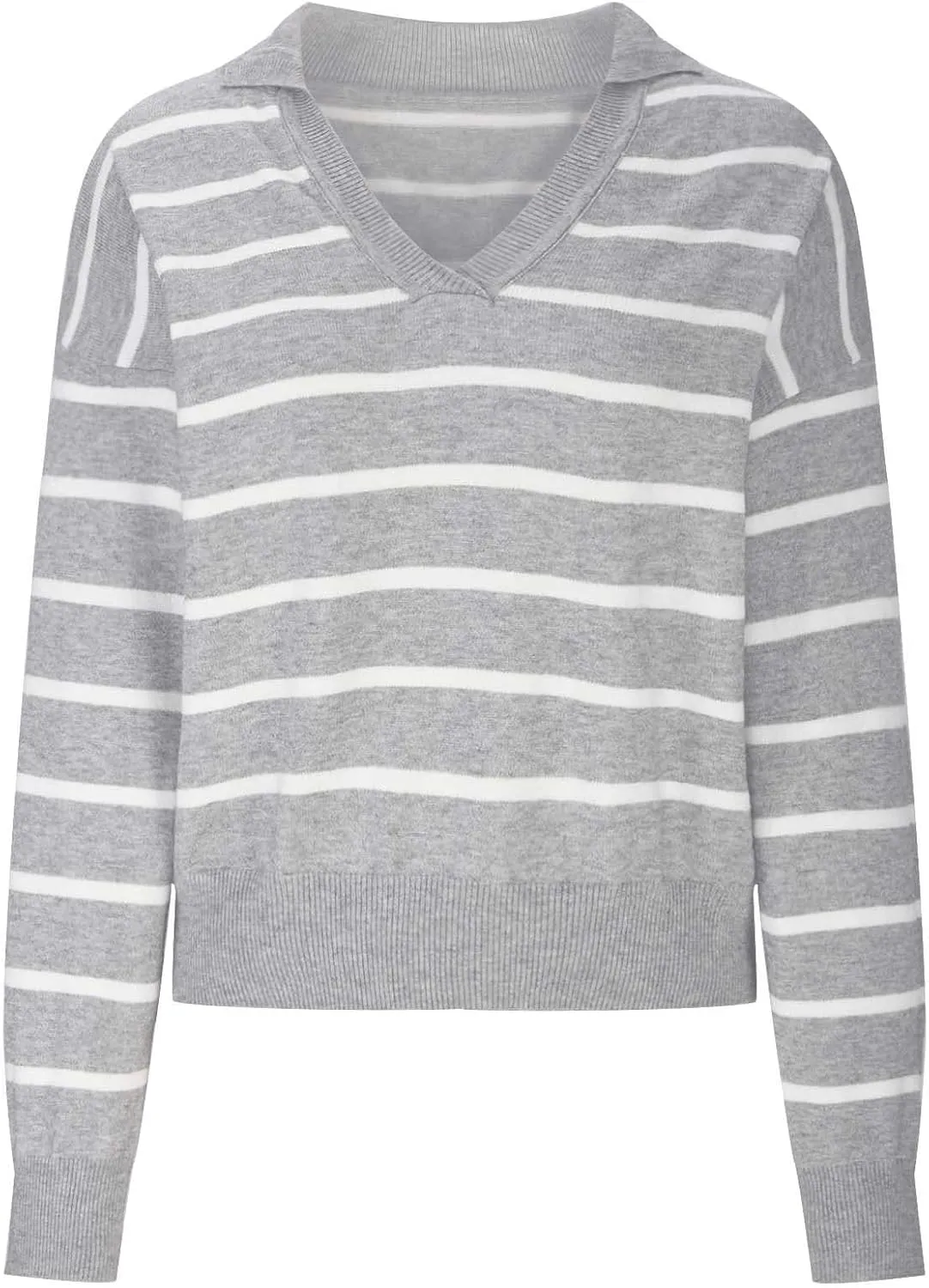 Fashion Sweater for Women Striped Kint Lapel Collar V Neck Long Sleeve Vintage Soft Crop Tops Fall Crochet Sweater Top