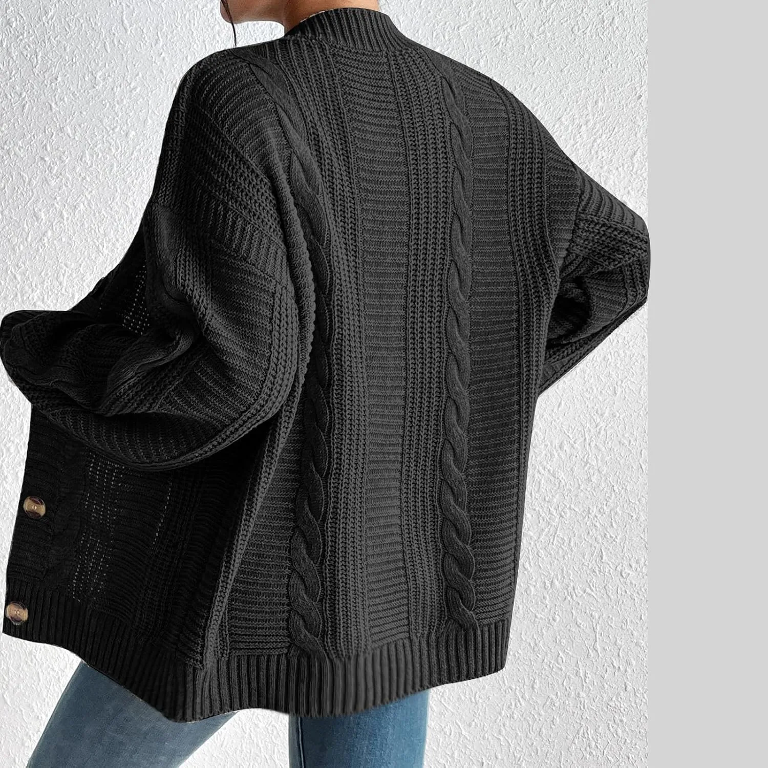 Fashion Winter Cardigans for Womens Long Sleeves Cable Knit Sweater Classic Button Up Cardigan Sweater Loose Fit Coat