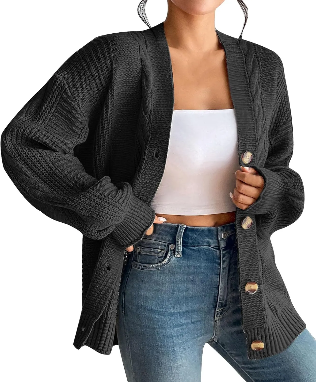 Fashion Winter Cardigans for Womens Long Sleeves Cable Knit Sweater Classic Button Up Cardigan Sweater Loose Fit Coat