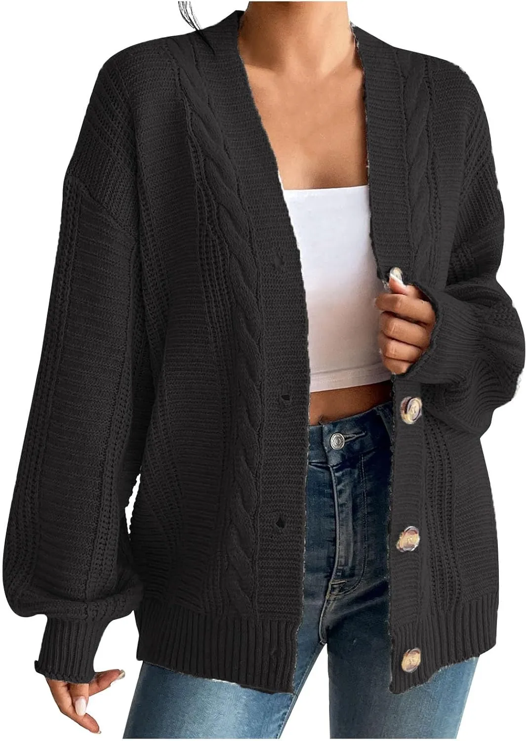 Fashion Winter Cardigans for Womens Long Sleeves Cable Knit Sweater Classic Button Up Cardigan Sweater Loose Fit Coat