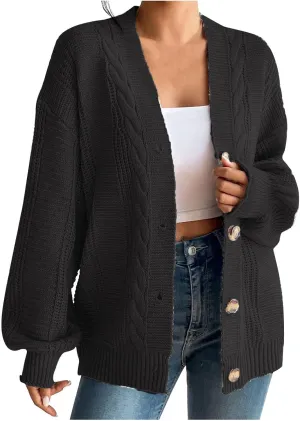 Fashion Winter Cardigans for Womens Long Sleeves Cable Knit Sweater Classic Button Up Cardigan Sweater Loose Fit Coat