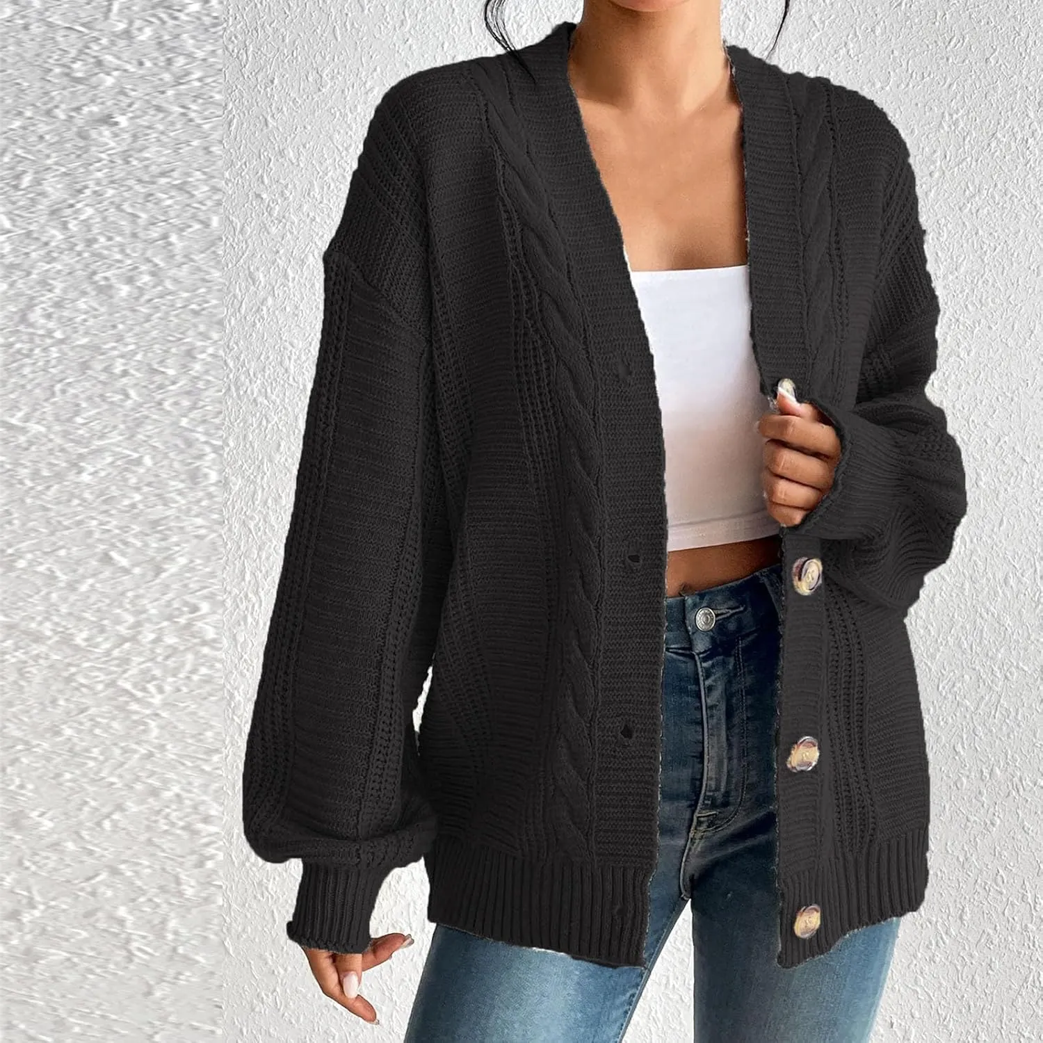 Fashion Winter Cardigans for Womens Long Sleeves Cable Knit Sweater Classic Button Up Cardigan Sweater Loose Fit Coat
