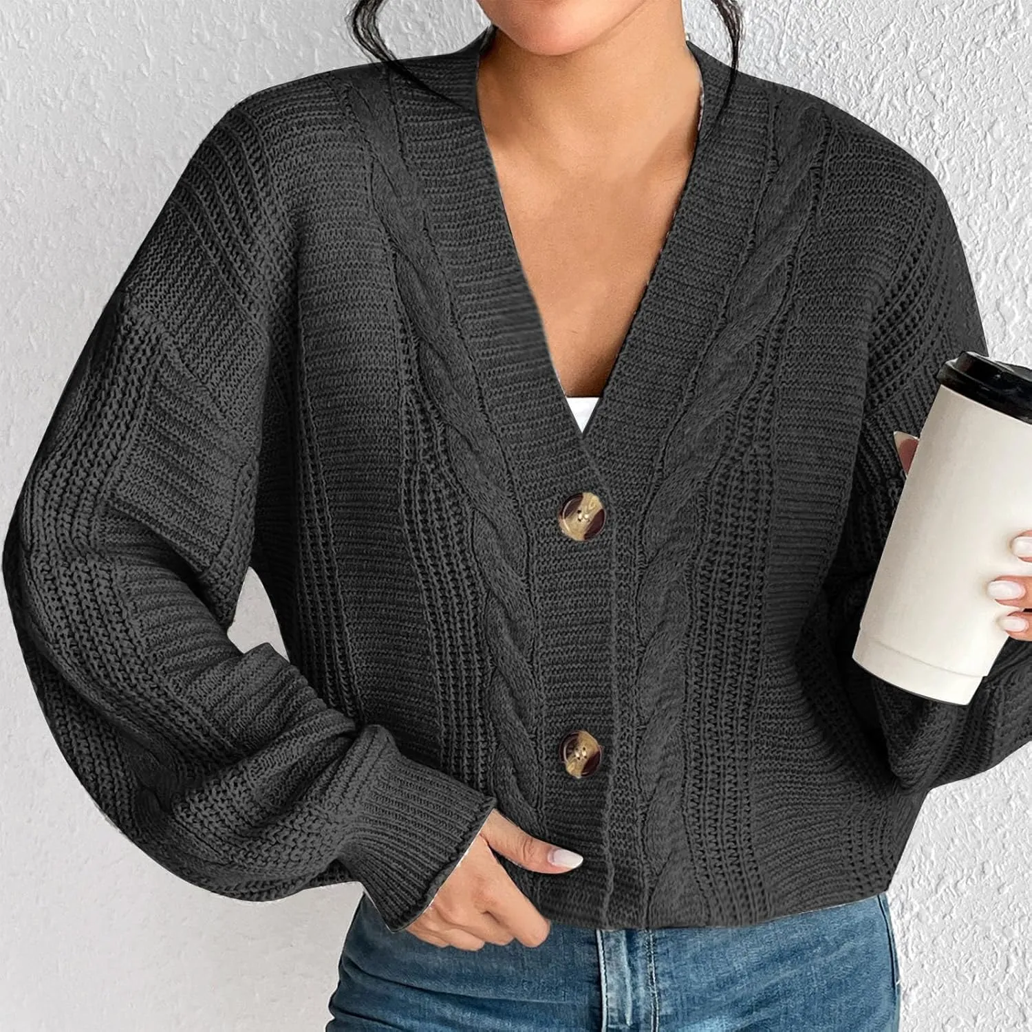 Fashion Winter Cardigans for Womens Long Sleeves Cable Knit Sweater Classic Button Up Cardigan Sweater Loose Fit Coat