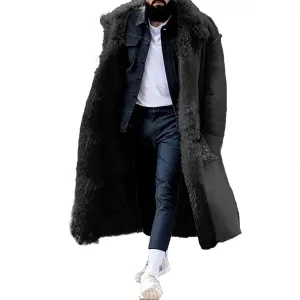 Faux Fur Coat Men, Mens Fur Collar Suede Leather Trench Coat Winter Sherpa Lined Shearling Sheepskin Leather Jackets