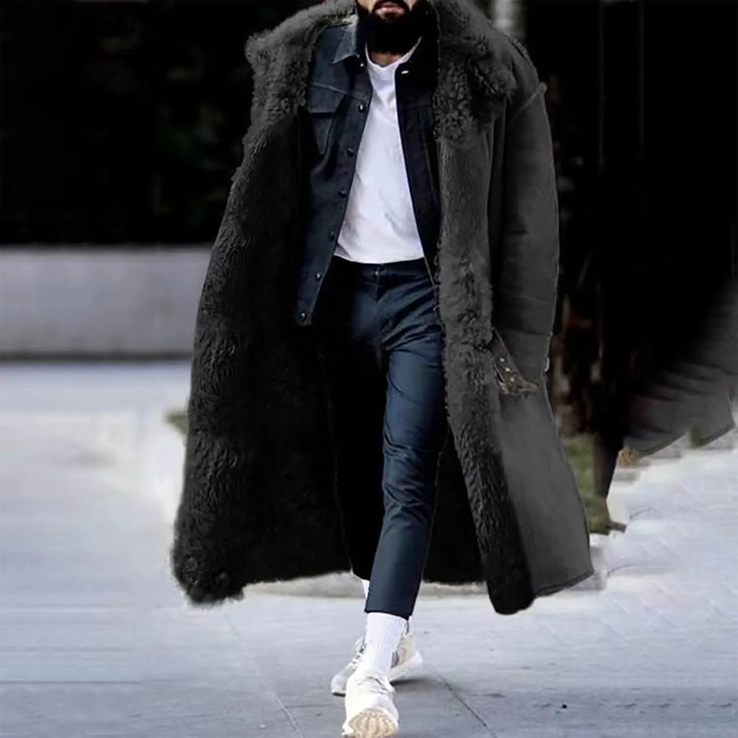 Faux Fur Coat Men, Mens Fur Collar Suede Leather Trench Coat Winter Sherpa Lined Shearling Sheepskin Leather Jackets