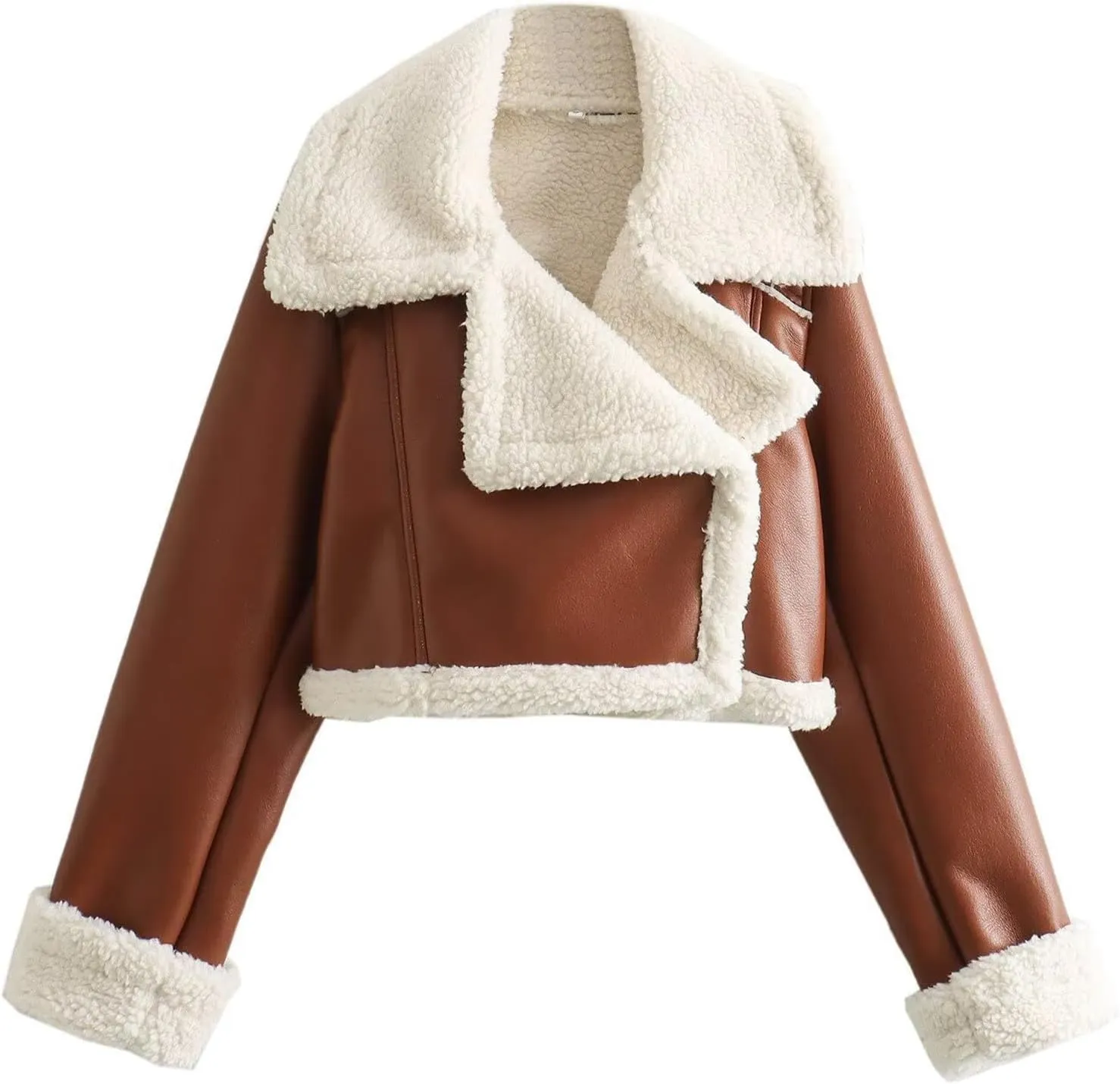 Faux Leather Jacket for Women Cropped Sherpa Lined Jacket Coat Faux Shearing Fur Warm Coat Thicken Fleece Lined Parka