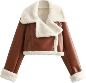 Faux Leather Jacket for Women Cropped Sherpa Lined Jacket Coat Faux Shearing Fur Warm Coat Thicken Fleece Lined Parka